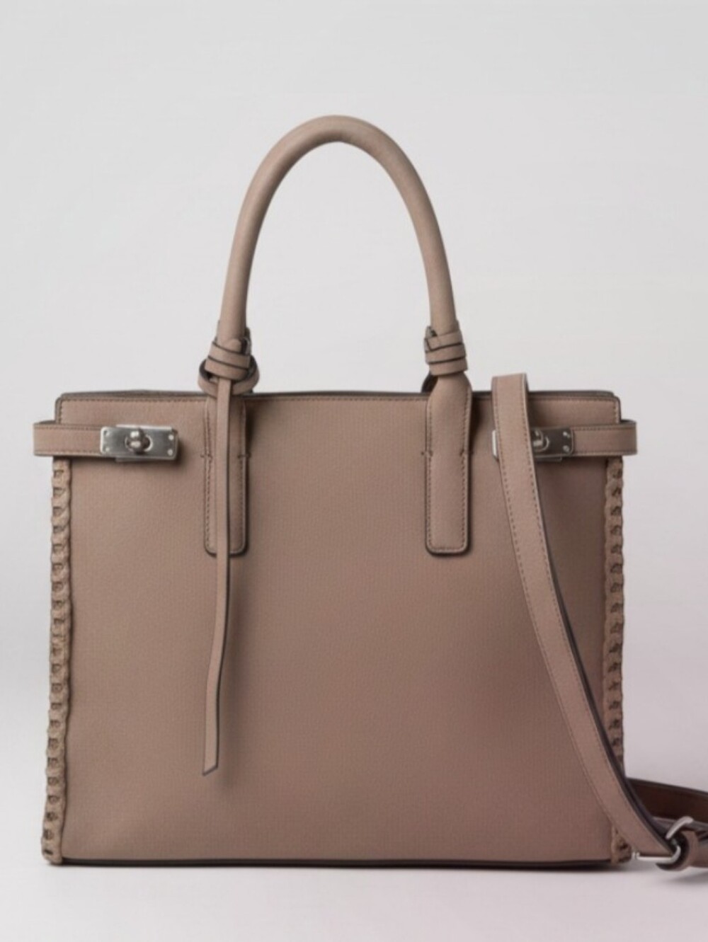 Zara Braided Side Topstitch City Tote Bag / Satchel Taupe